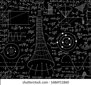 Mathematical scientific vector seamless background with handwriten plots, figures and formulas, "chalk on blackboard" handwritings