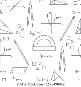 Mathematical scientific vector seamless pattern with geometry plots, tools formulas. Education elements. Compasses, protractor, pencil, graphics, straight, parabola, formulas, triangle, parallelogram.
