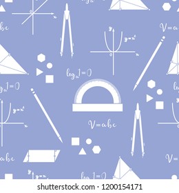 Mathematical scientific vector seamless pattern with geometry plots, tools and formulas. Education. Compasses, protractor, pencil, graphics, straight, parabola, formulas, triangle, parallelogram.