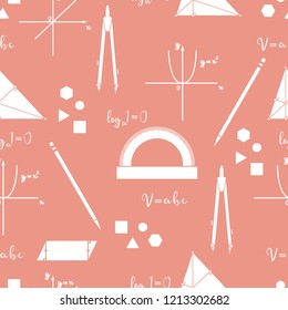 Mathematical scientific vector seamless pattern with geometry plots, tools and formulas. Education. Compasses, protractor, pencil, graphics, straight, parabola, formulas, triangle, parallelogram.