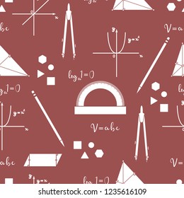 Mathematical scientific vector seamless pattern with geometry plots, tools and formulas. Education. Compasses, protractor, pencil, graphics, straight, parabola, formulas, triangle, parallelogram.