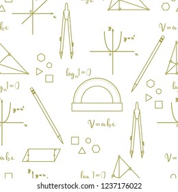 Mathematical scientific vector seamless pattern with geometry plots, tools and formulas. Education. Compasses, protractor, pencil, graphics, straight, parabola, formulas, triangle, parallelogram.
