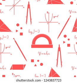 Mathematical scientific vector seamless pattern with geometry plots, tools and formulas. Education. Compasses, protractor, pencil, graphics, straight, parabola, formulas, triangle, parallelogram.
