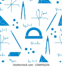 Mathematical scientific vector seamless pattern with geometry plots, tools and formulas. Education. Compasses, protractor, pencil, graphics, straight, parabola, formulas, triangle, parallelogram.
