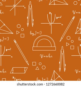 Mathematical scientific vector seamless pattern with geometry plots, tools and formulas. Education. Compasses, protractor, pencil, graphics, straight, parabola, formulas, triangle, parallelogram.
