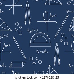 Mathematical scientific vector seamless pattern with geometry plots, tools and formulas. Education. Compasses, protractor, pencil, graphics, straight, parabola, formulas, triangle, parallelogram.