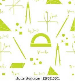 Mathematical scientific vector seamless pattern with geometry plots, tools and formulas. Education. Compasses, protractor, pencil, graphics, straight, parabola, formulas, triangle, parallelogram.