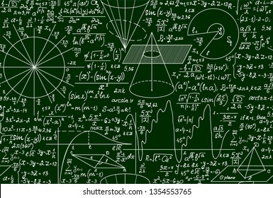 Mathematical scientific vector seamless pattern with plots, equations and formulas handwritten on a green background