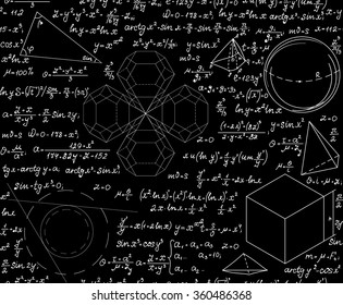 Mathematical scientific vector seamless pattern with geometrical figures, equations and formulas. Endless science texture. You can use any color of background