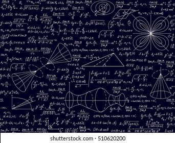 Mathematical scientific vector seamless texture with handwritten plots and formulas, physical calculations. Natural sciences background