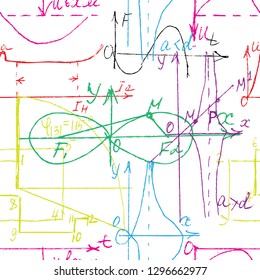 Mathematical seamless texture in colour with handwritten math, algebra and geometry formulas and graphs, functions, calculations and operations. Color vector.