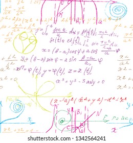 Mathematical seamless texture in colour with handwritten math, algebra and geometry formulas and graphs, functions, calculations and operations. Color vector.