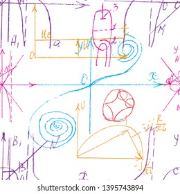 Mathematical seamless texture in colour with handwritten math, algebra and geometry formulas and graphs, functions, calculations and operations. Color vector.