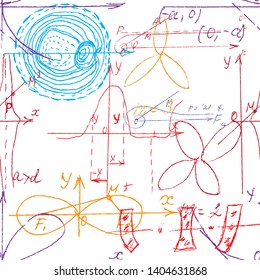 Mathematical seamless texture in colour with handwritten math, algebra and geometry formulas and graphs, functions, calculations and operations. Color vector.