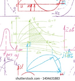 Mathematical seamless texture in colour with handwritten math, algebra and geometry formulas and graphs, functions, calculations and operations. Color vector.