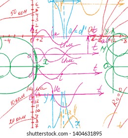 Mathematical seamless texture in colour with handwritten math, algebra and geometry formulas and graphs, functions, calculations and operations. Color vector.