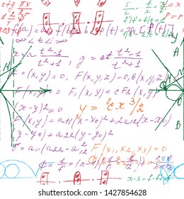 Mathematical seamless texture in colour with handwritten math, algebra and geometry formulas and graphs, functions, calculations and operations. Color vector.