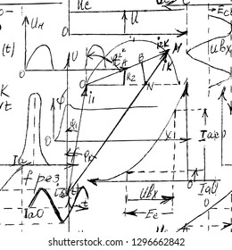 Mathematical seamless texture with handwritten math, algebra and geometry formulas and graphs, functions, calculations and operations. Vector.
