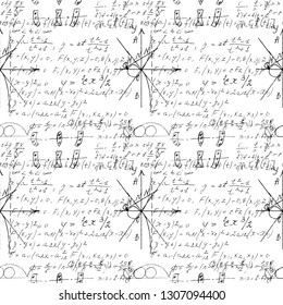 Mathematical seamless texture with handwritten math, algebra and geometry formulas and graphs, functions, calculations and operations. Vector.
