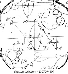 Mathematical seamless texture with handwritten math, algebra and geometry formulas and graphs, functions, calculations and operations. Vector.