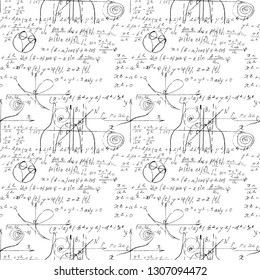 Mathematical seamless texture with handwritten math, algebra and geometry formulas and graphs, functions, calculations and operations. Vector.