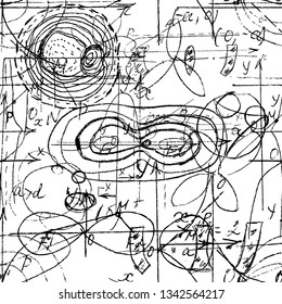Mathematical seamless texture with handwritten math, algebra and geometry formulas and graphs, functions, calculations and operations. Vector.