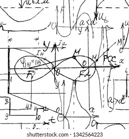 Mathematical seamless texture with handwritten math, algebra and geometry formulas and graphs, functions, calculations and operations. Vector.