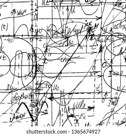 Mathematical seamless texture with handwritten math, algebra and geometry formulas and graphs, functions, calculations and operations. Vector.
