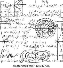 Mathematical seamless texture with handwritten math, algebra and geometry formulas and graphs, functions, calculations and operations. Vector.
