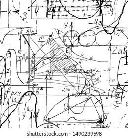 Mathematical seamless texture with handwritten math, algebra and geometry formulas and graphs, functions, calculations and operations. Vector.