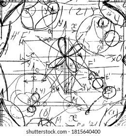Textura matemática sin fisuras con matemáticas manuscritas, fórmulas de álgebra y geometría y gráficos, funciones, cálculos y operaciones. Vector.