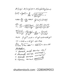 Conjunto matemático con fórmulas geométricas, manuscritas.
 Ilustración dibujada a mano por vectores. Dibujar a mano expresiones matemáticas. símbolos matemáticos. el mundo de las matemáticas