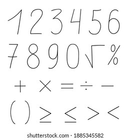 Mathematical set of numbers and symbols. Vector simple outlines of numbers on a white background. Isolated image.