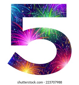 Mathematical sign, number five, stylized colorful holiday firework with stars and flares, element for web design. Eps10, contains transparencies. Vector