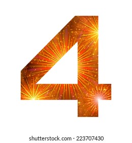 Mathematical sign, number four, stylized gold and orange holiday firework with stars and flares, element for web design. Eps10, contains transparencies. Vector