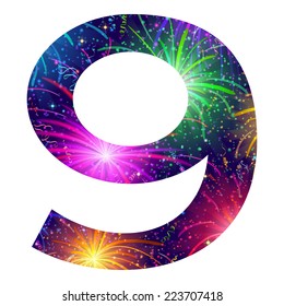 Mathematical sign, number nine, stylized colorful holiday firework with stars and flares, element for web design. Eps10, contains transparencies. Vector