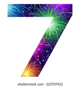 Mathematical sign, number seven, stylized colorful holiday firework with stars and flares, element for web design. Eps10, contains transparencies. Vector