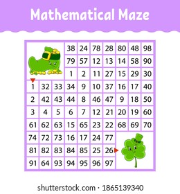 Mathematical square maze. Game for kids. Number labyrinth. Education worksheet. Activity page. Puzzle for children. Cartoon characters. Color vector illustration. St. Patrick's day.