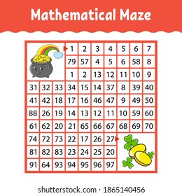 Mathematical square maze. Game for kids. Number labyrinth. Education worksheet. Activity page. Puzzle for children. Cartoon characters. Color vector illustration. St. Patrick's day.