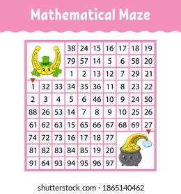 Mathematical square maze. Game for kids. Number labyrinth. Education worksheet. Activity page. Puzzle for children. Cartoon characters. Color vector illustration. St. Patrick's day.