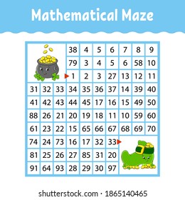 Mathematical square maze. Juego para niños. Número de laberinto. Hoja de trabajo de educación. Actividad. Rompecabezas para los niños. Personajes de caricatura. Ilustración del vector de color. Día de San Patricio.