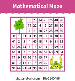 Mathematical square maze. Game for kids. Number labyrinth. Education worksheet. Activity page. Puzzle for children. Cartoon characters. Color vector illustration. St. Patrick's day.