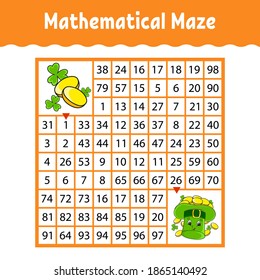 Mathematical square maze. Game for kids. Number labyrinth. Education worksheet. Activity page. Puzzle for children. Cartoon characters. Color vector illustration. St. Patrick's day.