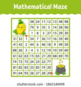 Mathematical square maze. Game for kids. Number labyrinth. Education worksheet. Activity page. Puzzle for children. Cartoon characters. Color vector illustration. St. Patrick's day.