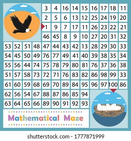 Mathematical square maze, mathematical problem with the image of an eagle and a nest with eggs, color vector illustration, design of children's books, development and education of children