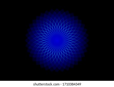 Mathematical symbol, blue lotus logo. Mandala design. Flower of Life. Sacred Geometry. Pattern of rotating circles. Balance and harmony. Neon  circles. Vector illustration isolated on black background