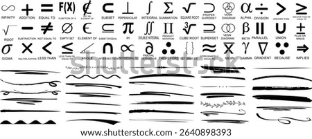 Mathematical symbol collection, including integrals, summation, square roots, and various calculus notations with stylish decorative underlines, lines, swirl borders, and brush stroke dividers