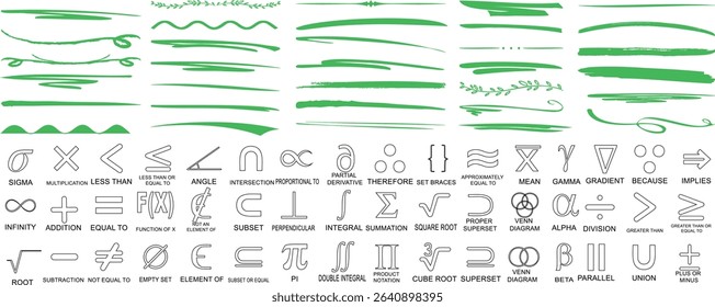 Mathematical symbol, diagram, and yellow highlight brush stroke collection for educational, scientific, or design projects