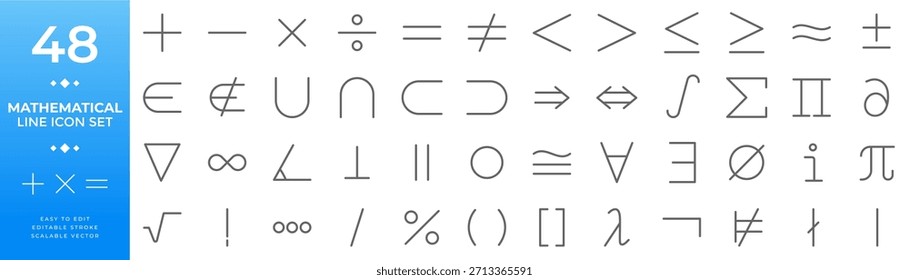 Conjunto de ícones de símbolos matemáticos com equações, operadores, formas geométricas, fórmulas e notação estatística para visualizações científicas e criação de conteúdo educacional