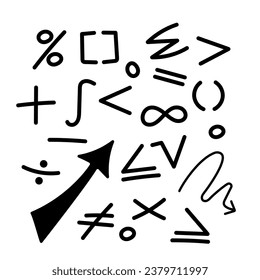 Iconos de símbolos matemáticos establecidos en el estilo de doodle dibujado a mano, ilustración vectorial